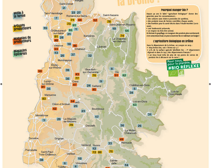 Découvrez notre carte  « Où manger bio dans la Drôme 2026-2027 » !